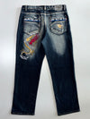 Vintage Dragon Embroidered Tribal Wash Denim Jeans (W:36|L:44)