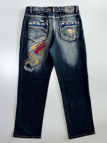 Vintage Dragon Embroidered Tribal Wash Denim Jeans (W:36|L:44)
