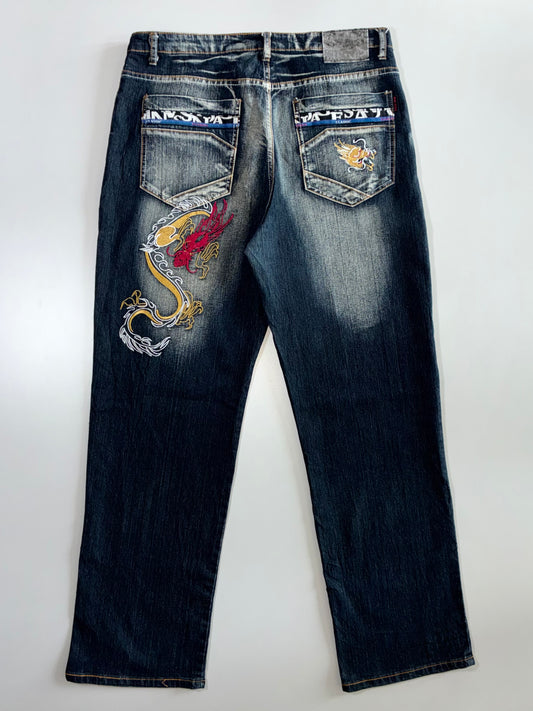 Vintage Dragon Embroidered Tribal Wash Denim Jeans (W:36|L:44)