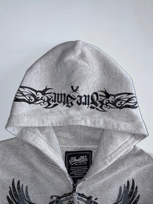FireStar | Y2K Wing Graphic Zip-Up Hoodie | Grey Marl (XL)