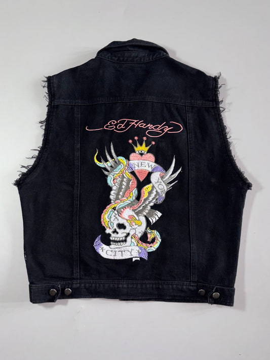 Ed Hardy Embroidered Skull & Snake "New York City" Denim Vest  Black (L)