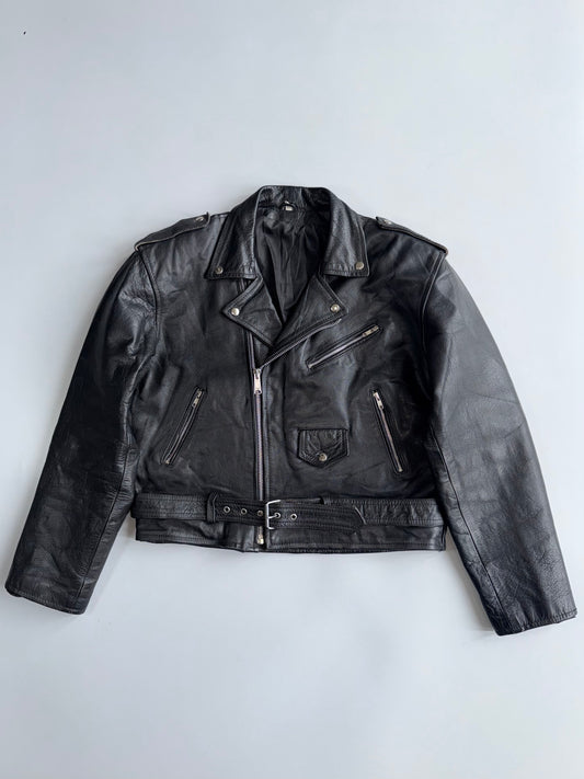 Vintage Black Pure Leather Biker Jacket Belted Moto Style (L/XL)