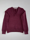 Tommy Hilfiger Burgundy V-Neck Knit Sweater – Flag Logo (XXS)