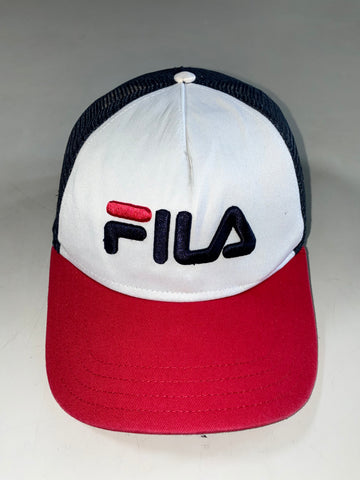 FILA Classic Logo White Navy Red Trucker Mesh Cap (Adjustable)