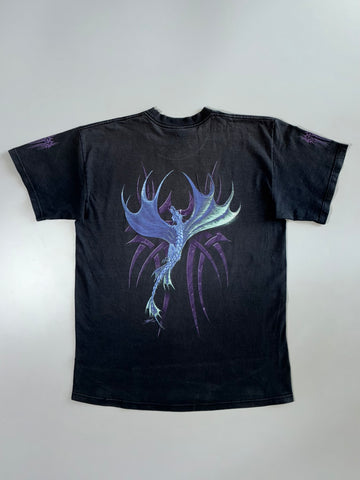 Vintage Y2K Faded Black Purple Tribal Dragon Fantasy Graphic Short Sleeve T-Shirt (M)