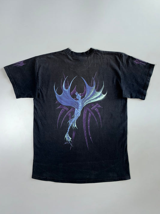 Vintage Y2K Faded Black Purple Tribal Dragon Fantasy Graphic Short Sleeve T-Shirt (M)