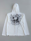 Y2K White Ribbed Script Print Zip Hoodie – Japanese Brand (S)