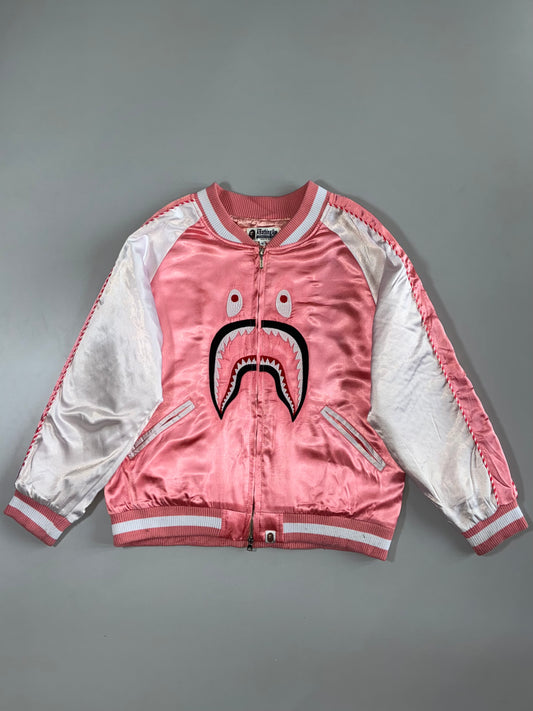 BAPE A Bathing Ape Shark Face WGM Double Zip Pink  Sukajan Bomber Jacket (M)