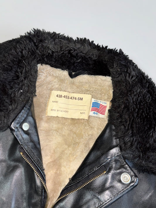 Schott NYC Vintage A2 Flight Pure Leather Bomber Jacket Shearling Fur Lining Made in USA (L)