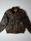 Vintage Shih Ghia Brown Leather Bomber Jacket with Detachable Fur Collar, Made in Spain (M/L)