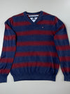 Tommy Hilfiger Navy & Maroon Striped V-Neck Pima Cotton Sweater (XL)