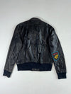 Vintage Black Leather Café Racer Bomber with Zip Collar, Shoulder Zips & Navy Rib Knit, Made in Korea (S)
