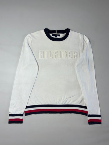 Tommy Hilfiger Hilfiger Embossed Logo Crewneck Sweatshirt Stripe Trim – White / Navy  (M)