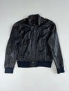 Vintage Black Leather Café Racer Bomber with Zip Collar, Shoulder Zips & Navy Rib Knit, Made in Korea (S)