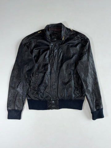 Vintage Black Leather Café Racer Bomber with Zip Collar, Shoulder Zips & Navy Rib Knit, Made in Korea (S)
