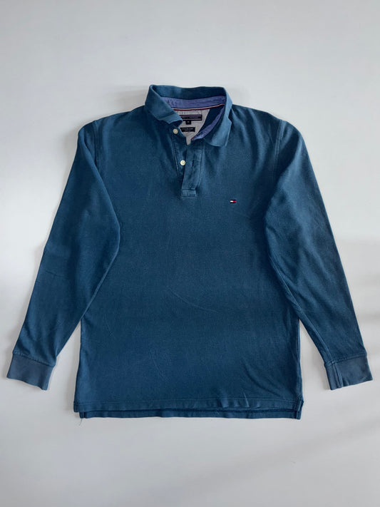Tommy Hilfiger Flag Logo Long Sleeve Pique Polo T-Shirt Steel Blue (L)