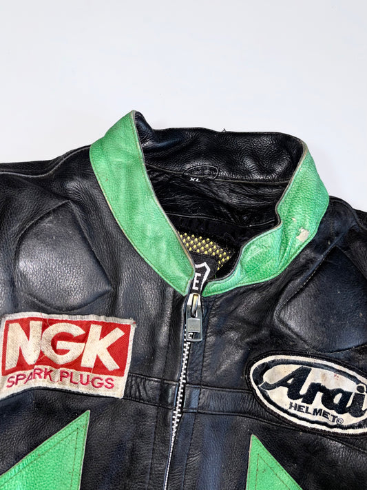 Vintage Kawasaki Racing Heavy Pure Leather  Jacket with NGK, Arai & Bridgestone Sponsor Patches (PADDED) (M)