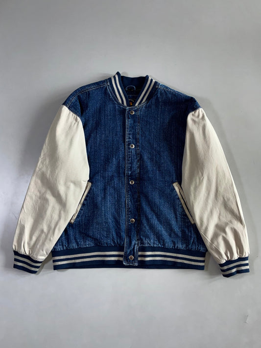 Route 66 Denim & Cream Varsity Jacket Leather Sleeves (2XL)