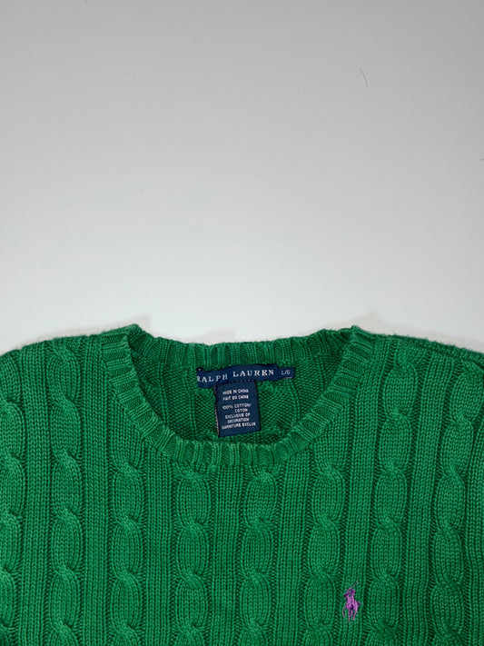 Polo Ralph Lauren Green Cable Knit Cotton Sweater | Crew Neck (M)