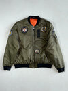 MA-1 Flight Bomber Jacket with Military Patches – Olive Green, Orange Lining (2XL)