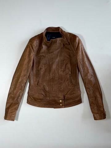 System Brown Leather Jacket with Topstitched Panels (XS)