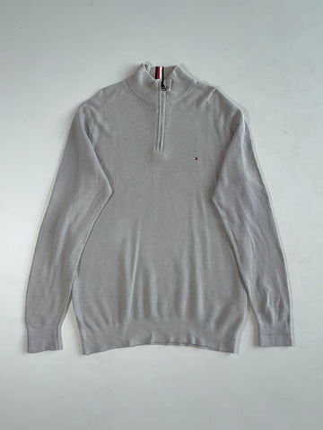 Tommy Hilfiger Grey Textured Waffle Knit Quarter Zip Sweater – Organic Cotton (M)