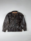 Dark Brown Leather-Look Bomber Jacket with Zip Pockets (L)