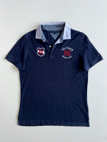 Tommy Hilfiger Navy “Hilfiger 85” Crest Polo T-Shirt with Striped Collar (L)
