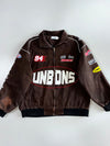 UNBDNS International Champions #94 Checkered Flag Multi-Patch Embroidered Brown Bomber Jacket (L/XL)