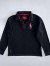Euro Club American Casual Style Long Sleeve Rugby Polo in Black with Rainbow Big Pony (S/M)