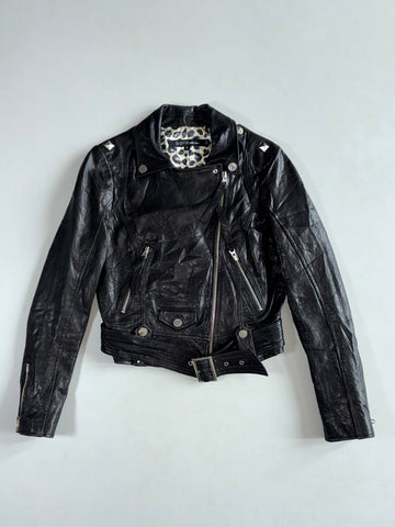 GGPX New York Black Studded Belted Leather Biker Jacket with Leopard Lining,Women’s (XS)