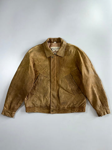 Vintage Tan Suede Leather Zip Bomber Jacket (Xl)