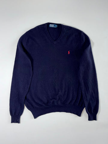 Polo Ralph Lauren Merino Wool V-Neck Sweater with Embroidered Pony Logo – Navy Blue –  (L)