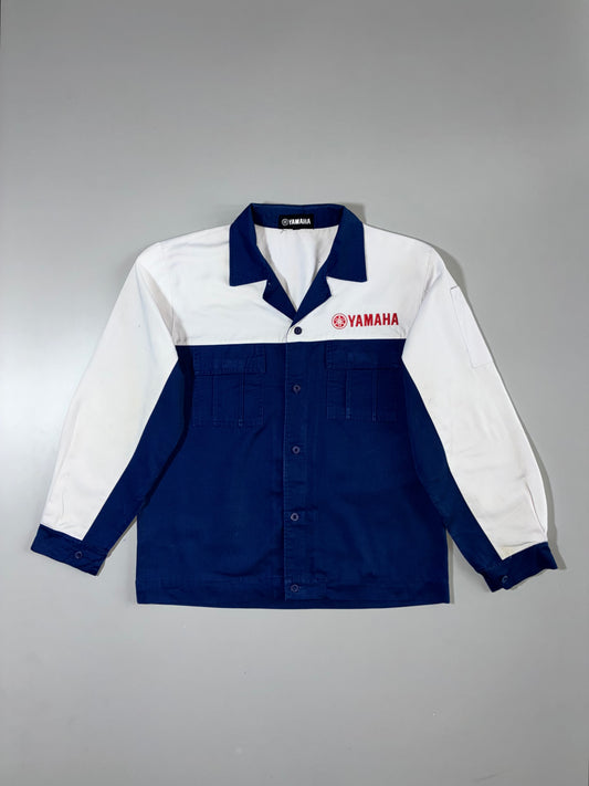 Yamaha Motorsport Mechanic Shirt — Two-Tone Navy & White Pit Crew Workwear, Embroidered (XL)