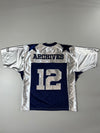 2000 Archives Sport "Native Silk" #12 Metallic Silver Football Jersey – Navy/Silver, (2XL)