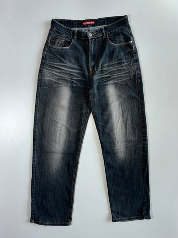 Sheng Yuehan Y2K Heavy Distressed Whisker Wash Dark Indigo Straight Leg Denim Jeans (W:32 |L:44)