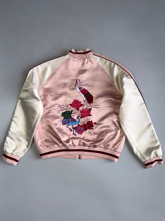 Japanese Crane Embroidery Satin Bomber Jacket (S)