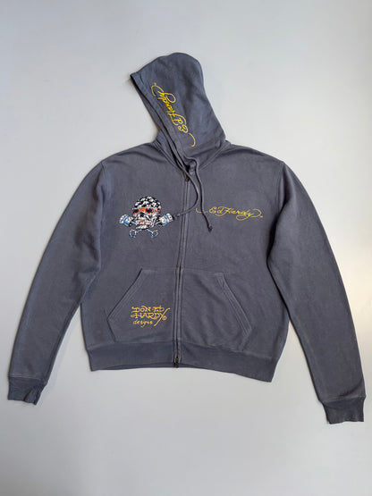 !      Ed Hardy 'Skull & Pistons' Rhinestone Zip-Up Jacket - Slate Grey (U.RARE) (M/L)
