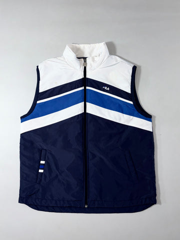 Fila Navy & White Colorblock Puffer Vest – Striped Chest Panel (L)