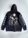 Vintage Rock Eagle Wolves Howling Moon All-Over Print Washed Black Zip-Up Hoodie (M)