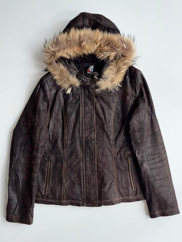 Papion Faux Fur Hooded Brown Leather Jacket Women's (S)