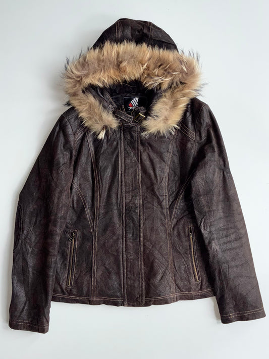 Papion Faux Fur Hooded Brown Leather Jacket Women's (S)