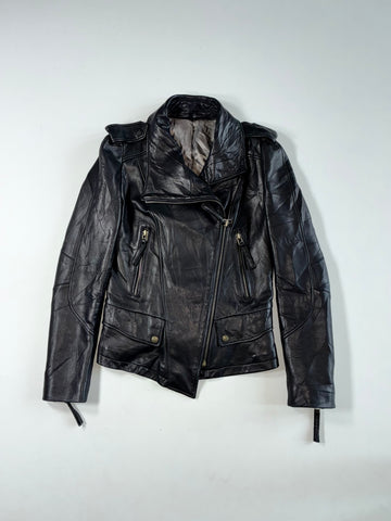 Women’s Black Asymmetric Zip Leather Biker Jacket (XS)