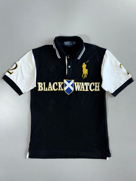 Polo Ralph Lauren Custom Fit Black Watch Big Gold Pony Embroidered Colorblock Black White Short Sleeve Pique Polo T- Shirt (M)