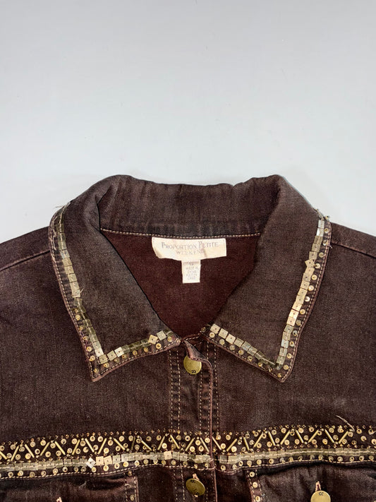 Proportion Petite Weekend Dark Brown Stretch Denim Embellished Jacket (S)