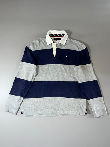 Tommy Hilfiger Grey & Navy Rugby Stripe Long Sleeve Polo (L)