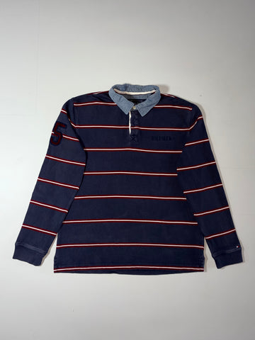 Tommy Hilfiger Navy Striped Rugby Polo – Chambray Collar, “5” Patch (XL)