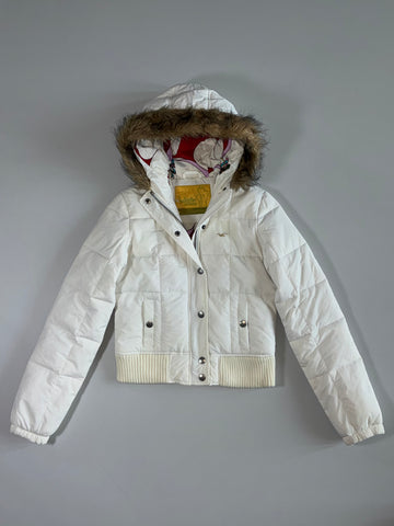 Hollister White Faux-Fur Trim Puffer Jacket (XS)