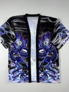 Blue Dragon Print Japanese Style Open Front Kimono Shirt (XL)