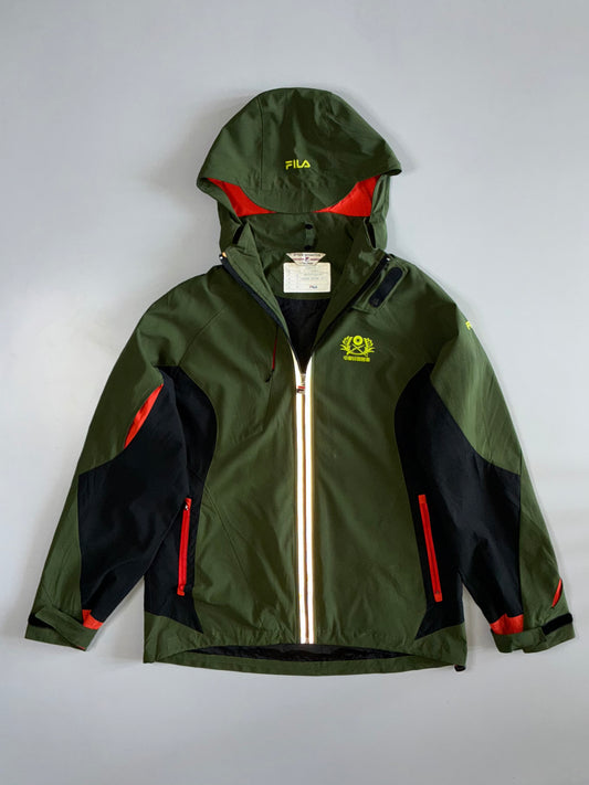 Fila Technical Hooded Outdoor Jacket | Olive Green Black Red Colorblock Military Crest (L)